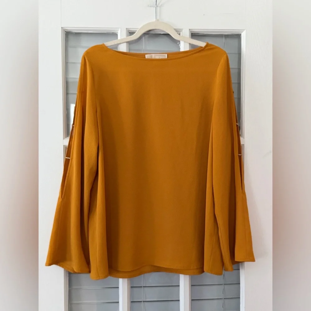 Michael Kors Women’s L Marigold Mustard Open Ladder Sleeve Blouse | SKU 0201
